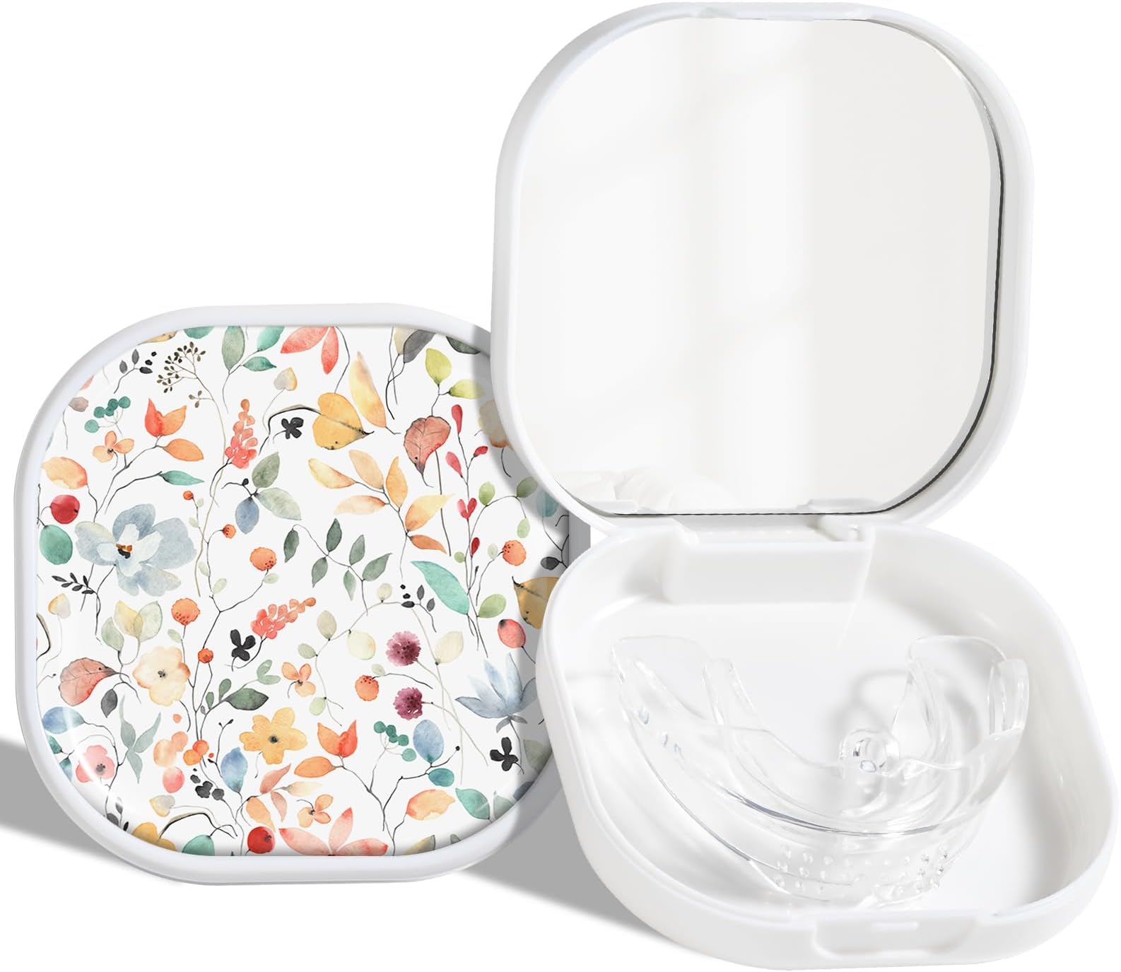 Retainer Case, Denture Case Night Guard Mouth Guard Compatible with Invisalign，With Mirror and Ventilation Holes，Colorful Bohemian Leaves