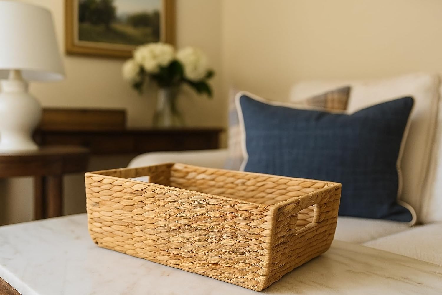 Handwoven Water Hyacinth Storage Basket with Handles – Natural Rectangular Organizer for Shelves, Closets, or Living Room – Eco-Friendly Wicker Bin for Home Décor & Storage