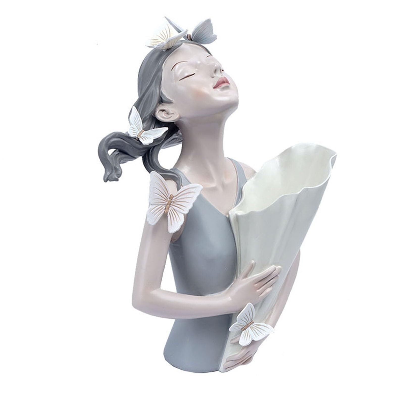 Regali per donna Elegante statua di ragazza in stile nordico con decorazione a farfalla e fiori artificiali al centrotavola Decorazione da scaffale(Gray)