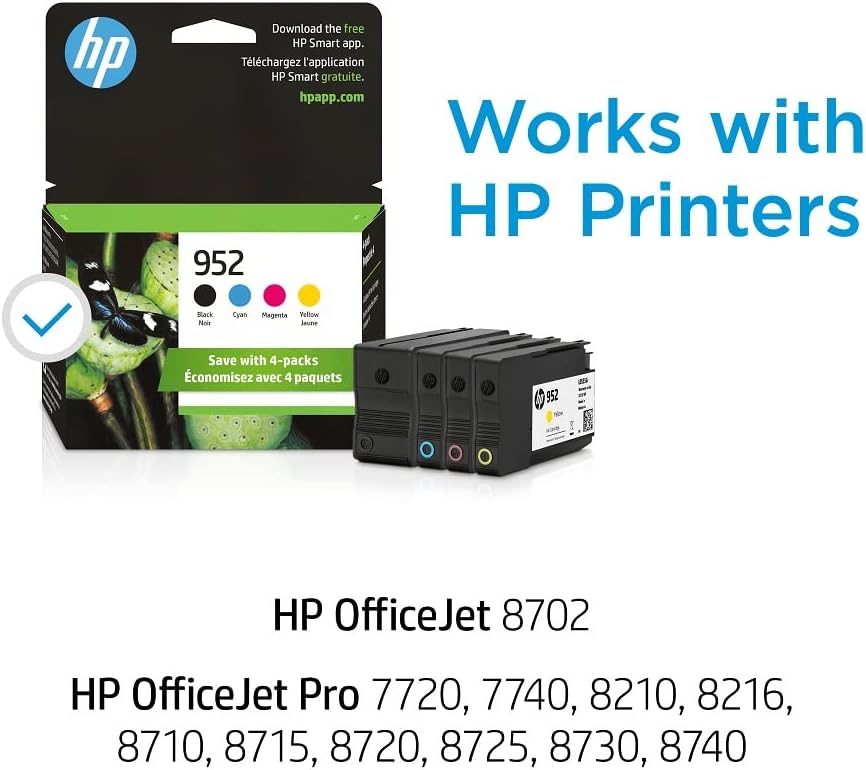 HP 952 Black, Cyan, Magenta, Yellow Ink Cartridges (4-Pack) | Works OfficeJet 8702, OfficeJet Pro 7720, 7740, 8210, 8710, 8720, 8730, 8740 Series | Eligible for Instant Ink | X4E07AN