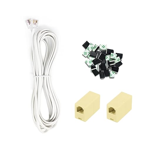 Miniatura 2 de Cable de extensión de teléfono RJ11 6P4C de 10 pies hembra a hembra acoplador en línea 30 clips adhesivos para cable para sistema fijo, contestador