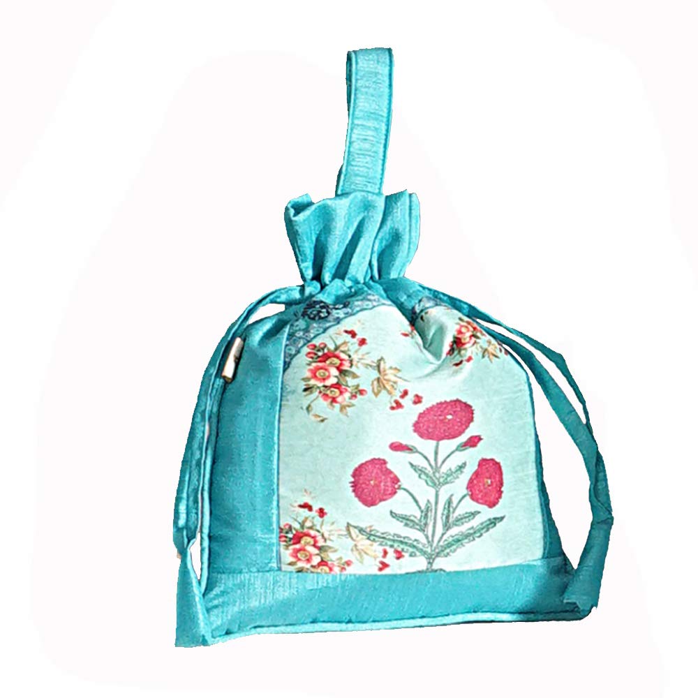 SwayamFaux Silk Draw String Closure Bag, Light Blue, Gut10