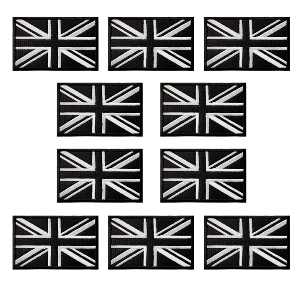 10 PCS Iron on Sew On British Union Jack United Kingdom Flag Embroidered Emblem Patches Great Britain Applique Patch for Clothes Backpack Bags Uniform Caps Tactical Military-Black