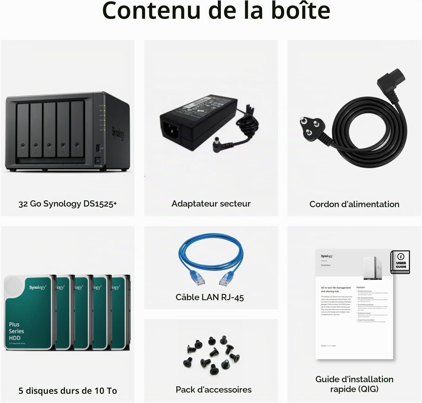 Synology DS1525+ Kit serveur NAS 5 baies (8 Go de RAM, 10 To de stockage) – 5 disques durs NAS de 2 To, périphérique de stockage réseau de bureau haute performance – Avec SSD externe