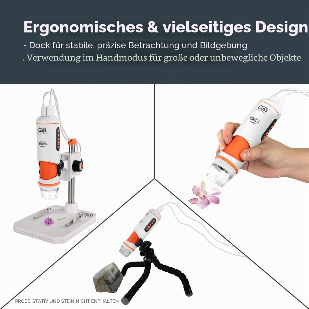 Celestron 44316 MicroDirect 1080P HDMI digitales Hand-Mikroskop, 10- bis 220-fache Vergrößerung, Grau/weiß