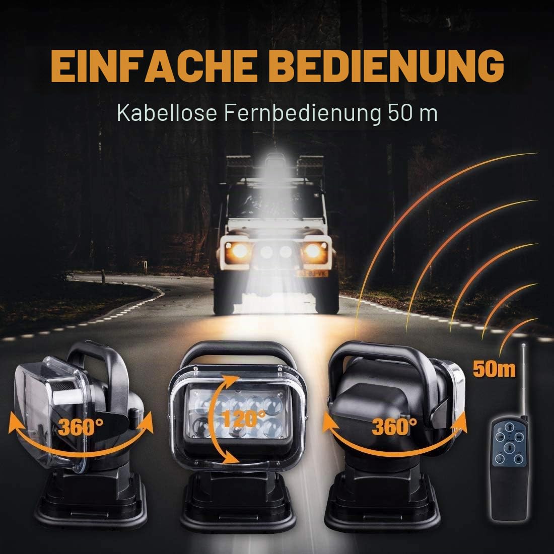Suparee LED Suchscheinwerfer Arbeitsleuchte Funkfernsteuerbar mit Magnetfuß Suchlicht - Wetterfest 360 Grad Drehbar für Auto Offroad Jagd Boot Garden 50 W DC 12V Schwarz(1 St.)