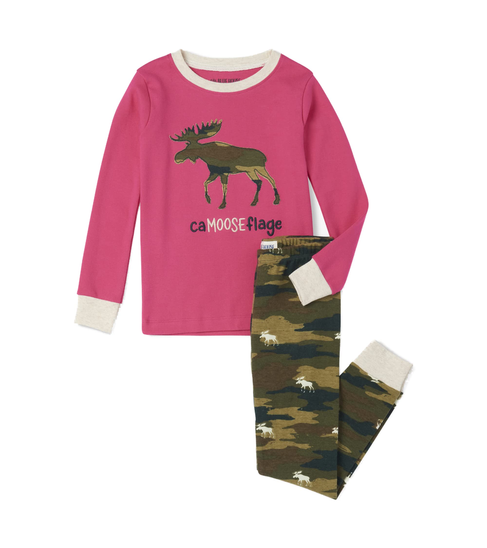 Little Blue House by Hatley Kids Long Sleeve Appliqué Pyjama Set, Camooseflage - Pink, 2 Years