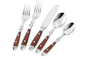 Wooden Handle Silverware Set: 20-Piece Retro Flatware with Grain Handles