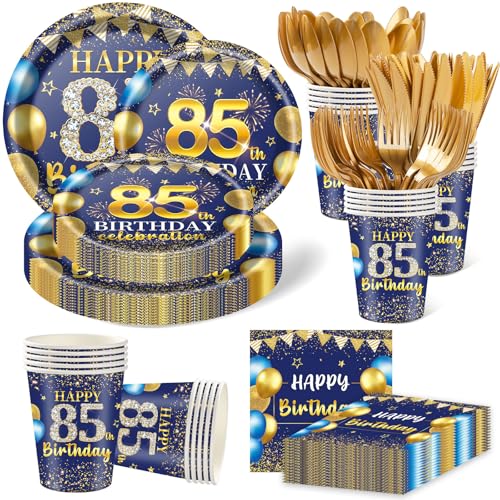 350PCS 85th Birthday Party Decorations for 50 Guests Blue and Gold Party Supplies for Men Include Disposable Paper Plates Napkins Cups and Disposable Plastic Cutlery (85)