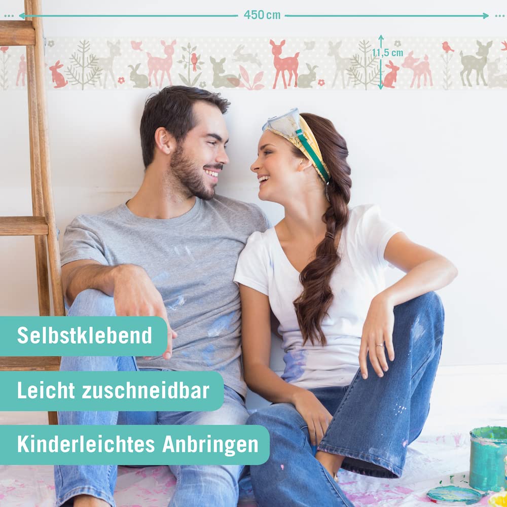 Bordüre selbstklebend HÄSCHEN & REHE APRICOT BEIGE - Wandbordüre Kinderzimmer Babyzimmer mit Hase & Reh Waldtiere - Wandtattoo Schlafzimmer Mädchen – Wanddeko Baby Kinder
