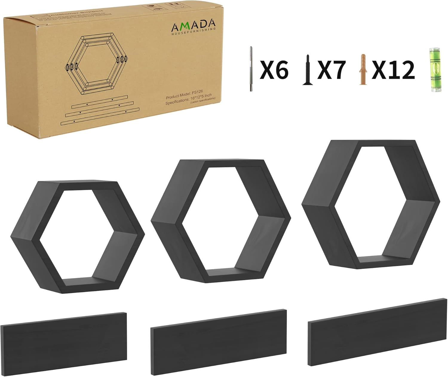 Wooden Hexagon Floating Shelves Wall Mounted - Set of 6 Pine Wood Hexagon Shelves Display for Photos,Plants,Rustic Honeycomb Shelves for Living Room, Bedroom,Bathroom, Kitchen, Office Decor, Black.