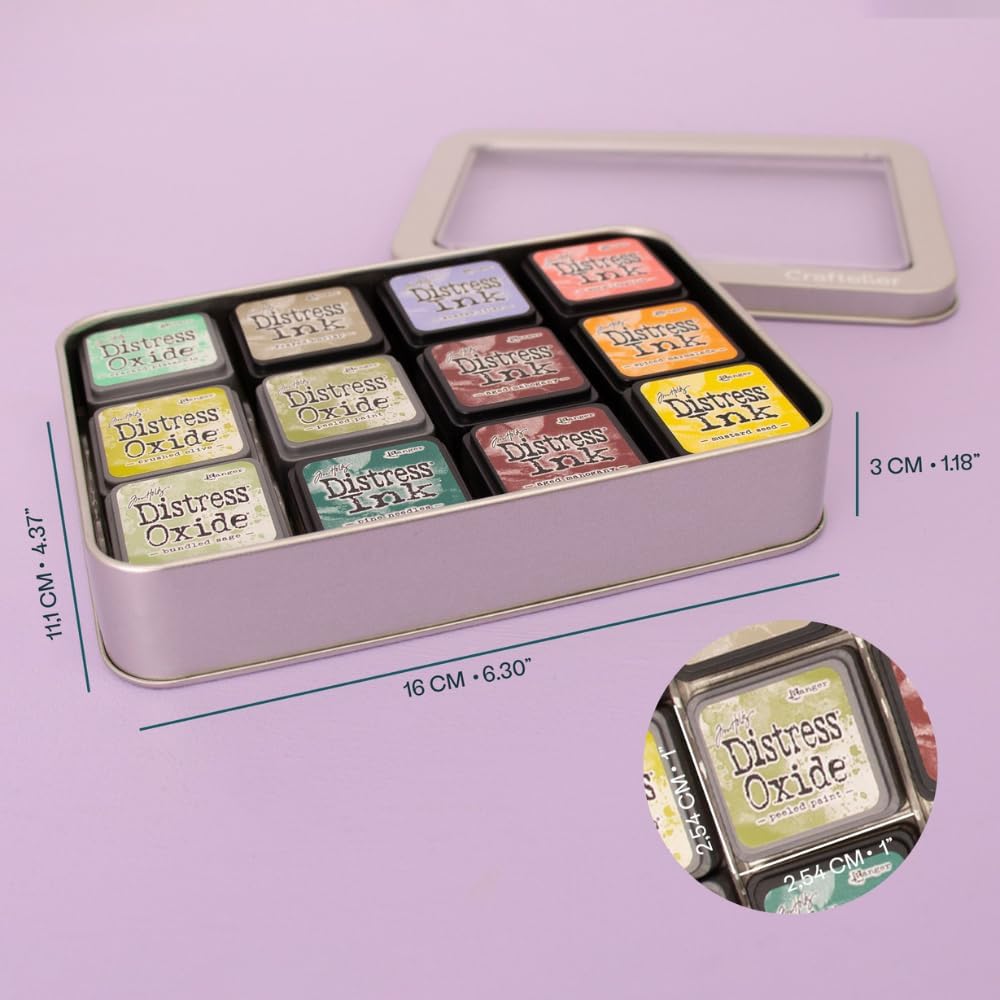 Craftelier - Mini Ink Pads Storage Tin, Portable Craft Organizer with Clear Lid with Rremovable Plastic Securing Base, Holds 12 1" x 1" Ink Pads, Travel-Friendly Compatible with Multiple Brands