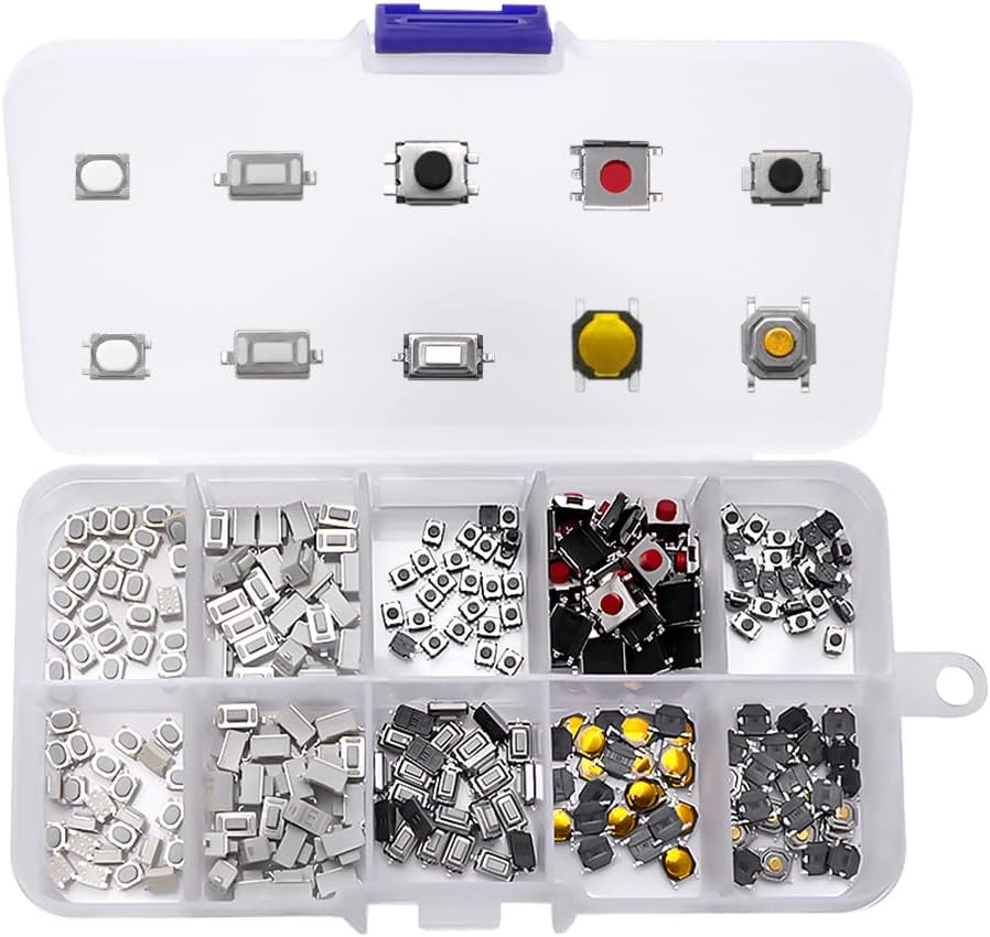 VooGenzek 250 Piezas 10 Tipos Táctil Botón Microinterruptor Táctil Surtido Kit, Electronica Microinterruptores Pulsador, para Coche Control Remoto Llave, con Caja de Plástico
