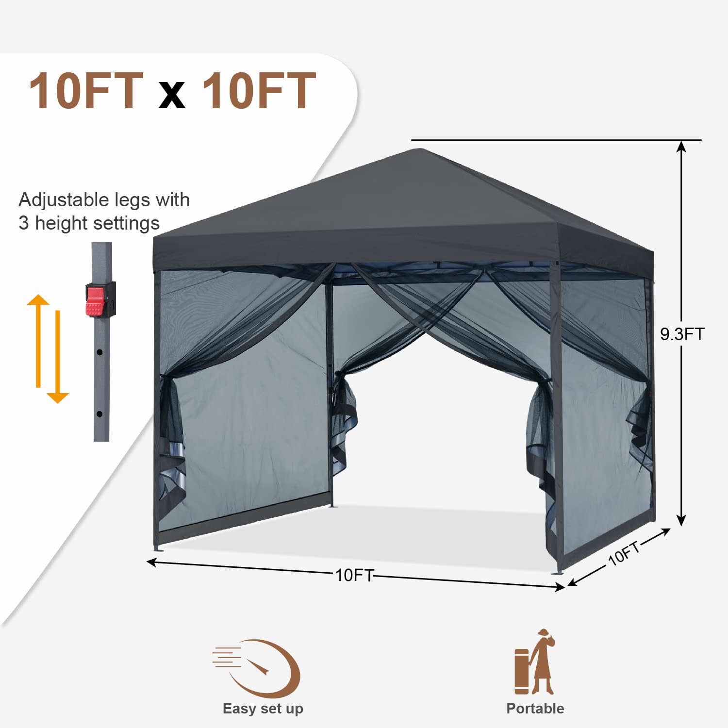 MASTERCANOPY Pop-Up Easy Setup Outdoor Canopy with Netting Screen Walls (10x10, Dark Gray)