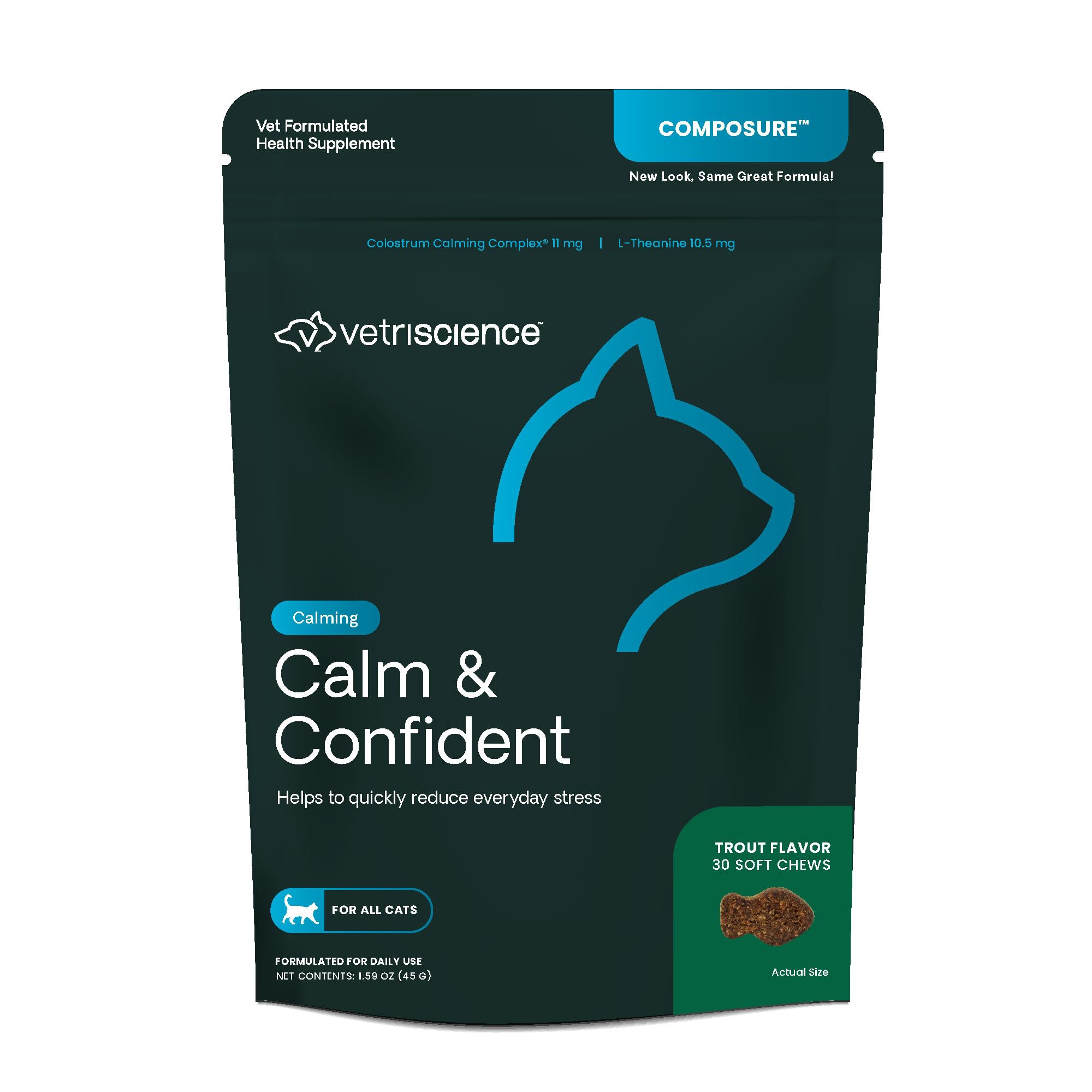 VetriScience Calm & Confident Chews, Composure Calming and Anxiety Supplement for Cats, Reduce Stress and Fear, Ideal for Travel, Vet, Grooming and Routine Changes, Trout, 30 Count