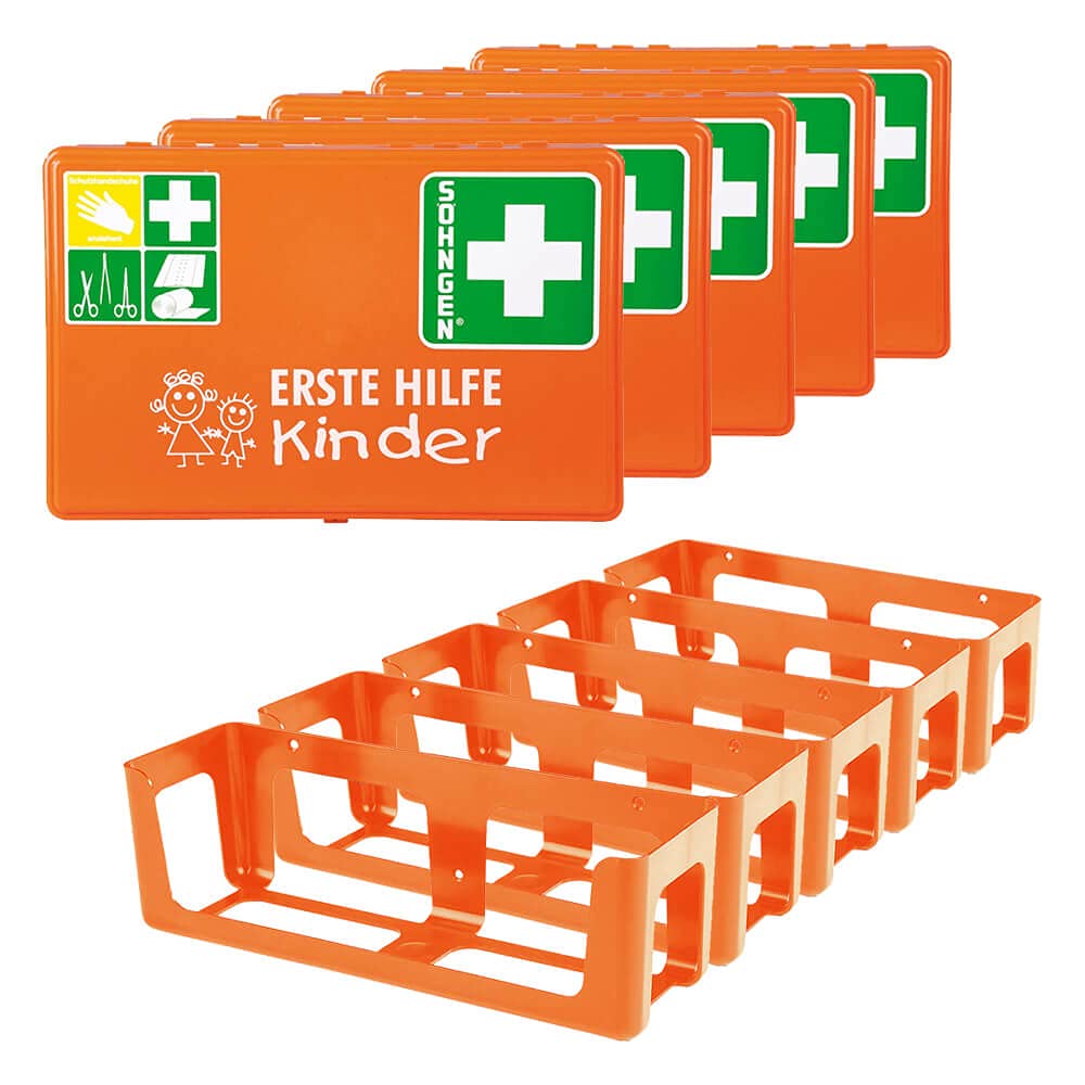 SÖHNGEN BIGPACK 5 x Erste-Hilfe-Kasten Kindergarten, Wandhalterung, DIN 13157 aus Kunststoff, Art.-Nr. 350052 | Verbandskasten | Notfallkoffer | Erste Hilfe Kasten