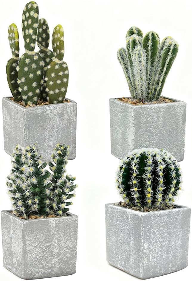 4Pcs Realistic Faux Cactus Set, Lifelike Resin Mini Cacti in Pots - No-Care Artificial Plants for Home Office Desk Decor, Shelf, Party - Durable, Easy Clean, for Plant Lovers