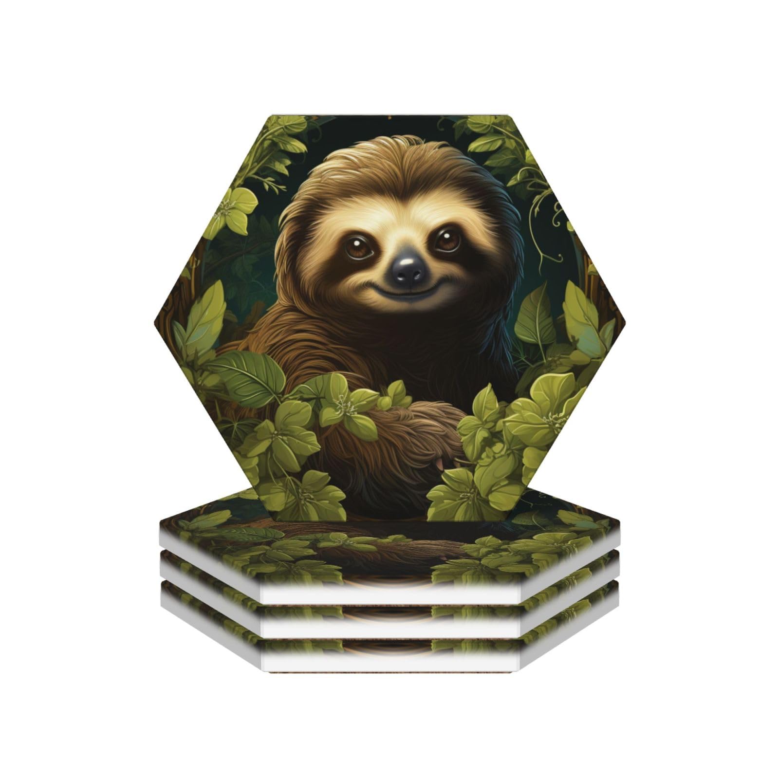 Drink Coasters Set of 4 Ceramic Coaster Sloth Coasters for Drinks Cups Mugs Mat Pads Absorbent Non-Slip Decorative Cup Coaster for Coffee Table Kitchen Bar Home Decor