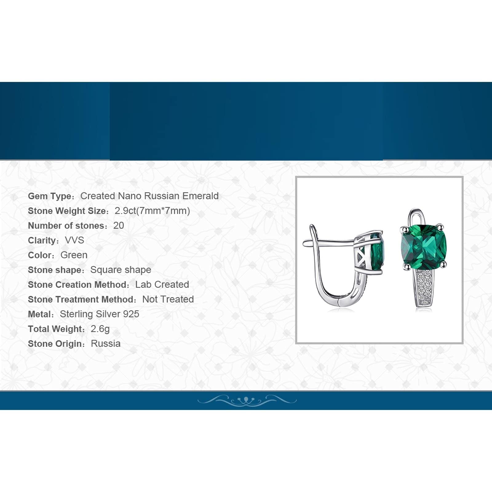 SALAN Pendientes De Clip De Plata De Ley 925 con Esmeralda Verde Simulada De Corte Cojín para Mujer Pendientes Huggie De Piedras Preciosas De Moda