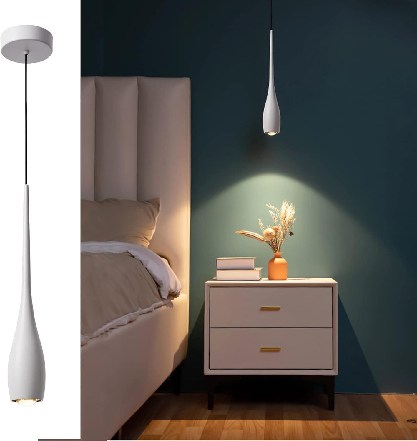 White Pendant Light for Kitchen Island, LED Dimmable Pendant Light fixtures, Small Modern Industrial Hanging Pendant Light for Over Sink, Bar, Dining Room, Bedside