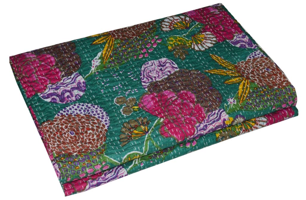 YUVANCRAFTS Indian Handmade Kantha Quilt Traditional Floral Screen Kantha Quilt Queen Blanket Bedspreads Throw (Floral)