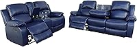 Vista 36 de Juego de sofá de 3 piezas de cuero sintético, azul, reclinación manual, sofá de dos plazas, almacenamiento, mesa de centro, cuero artificial, sala
