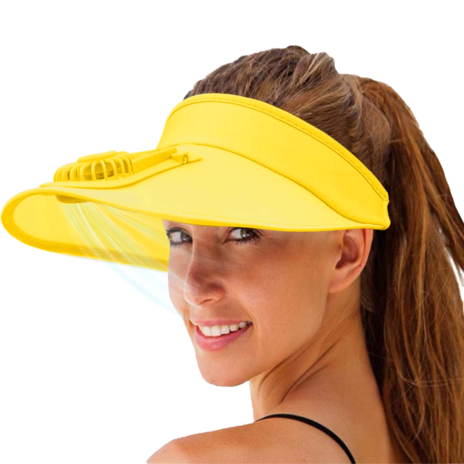 TOPALL Hat with Fan, 2022 Upgraded Sun Visor Hat with 3 Speeds Fan Wide Brim Beach Visor for Women/Men/Kids, Yellow, One size