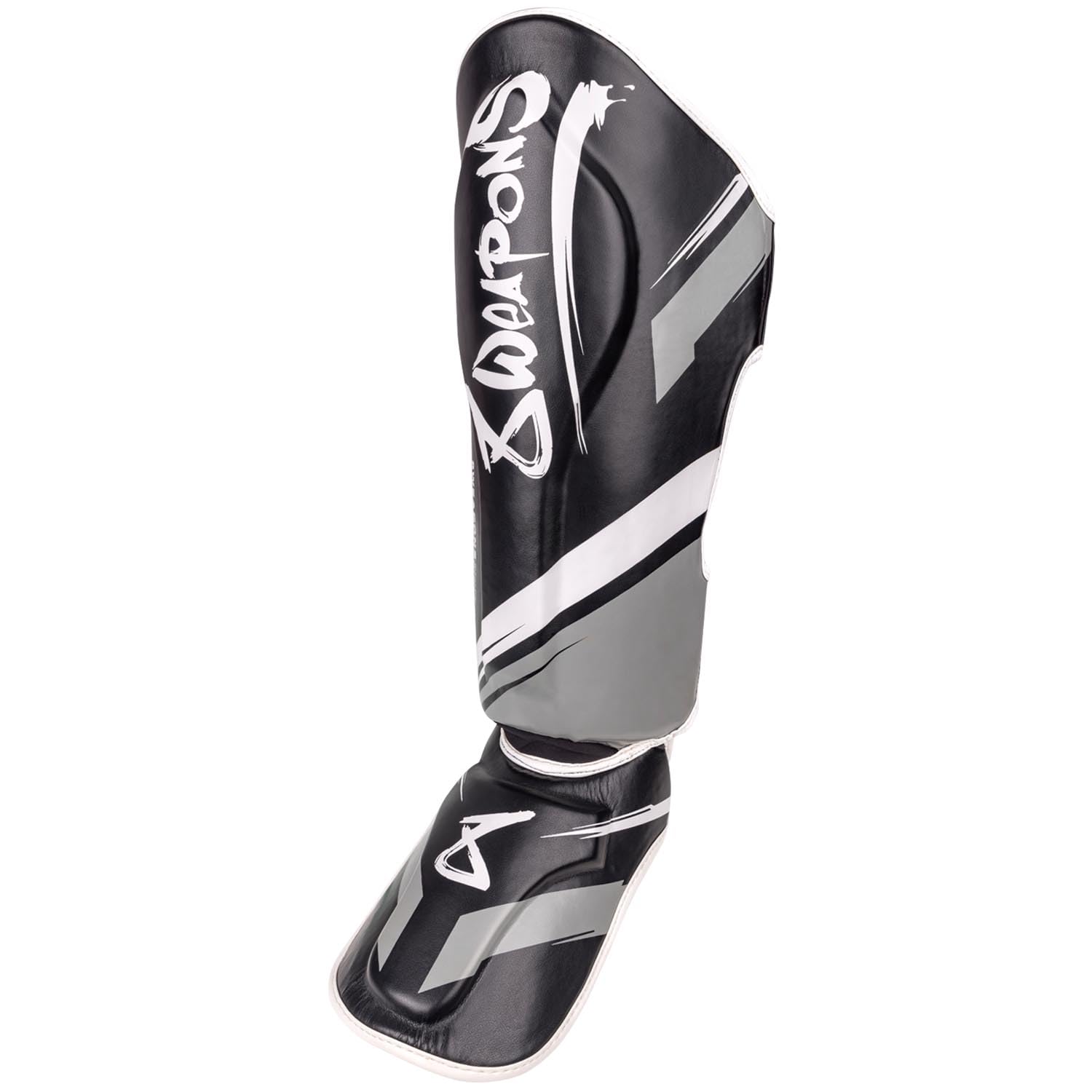 8 WEAPONS Espinilleras Shift, color blanco y negro, entrenamiento y competición, piel sintética de alta calidad y amortiguación perfecta, Muay Thai, K1, MMA, karate y kickboxing