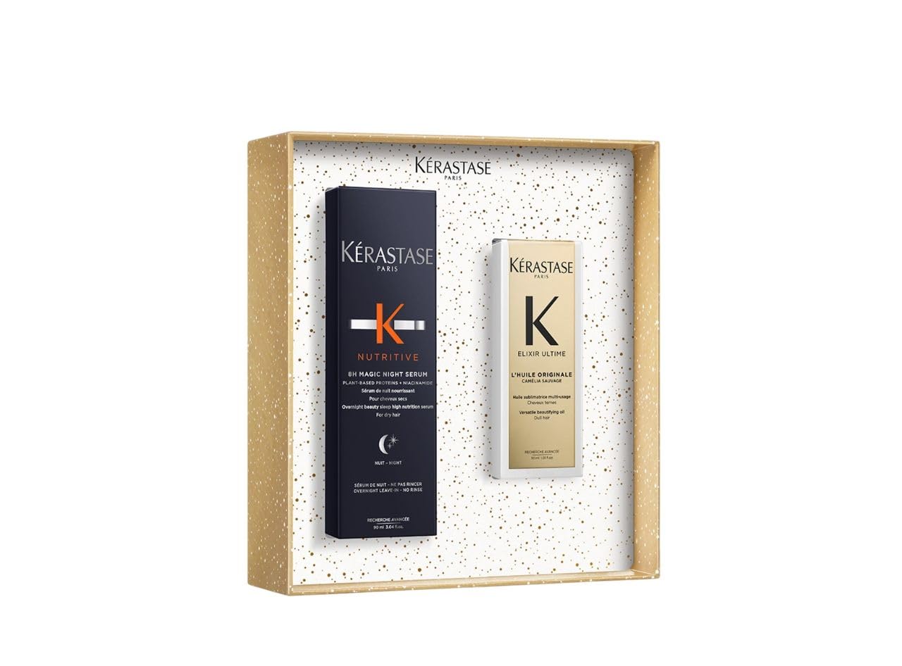 Kérastase, Magic Night Serum + Elixir Ultime, Duo Per Capelli Secchi e Spenti, Siero Notturno + Olio Per Capelli, Con Oli di Camelia, Niacinamide e Glicerina, 90 ml + 30 ml