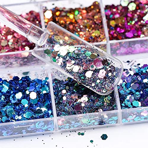 12 Grids Mermaid Nail Art Glitter Sequins 3D Holographic Nail Sequin Hexagon Chameleon Nail Art Design Shiny Chunky Glitter Powder Flake For Women Girls Manicure Tips Decoration Diy Makeup Crafts #TOP2