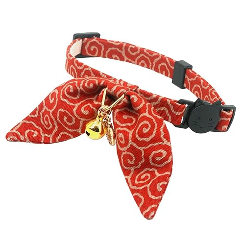 PetSoKoo Bunny Ears Cat Collar, Japan Lucky ‘開三運’ Charm. Safety Breakaway Bowtie Kitten Collar with Bell, Red - Standard (8-12inch,20-31cm) - Red