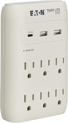 Eaton Tripp Lite SK60C Wall Surge Protector Power Strip & USB Wall Charger, 6-Outlet Extender, 1 USB-C + 2 USB Ports, 1080 Joules, Multi-Plug Outlet Splitter, Gray, Lifetime Manufacturer's Warranty
