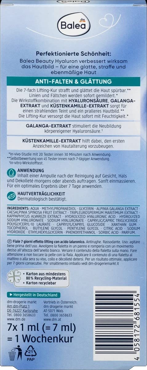 Balea Hyaluron Lifting-Kur Ampullen - Anti-Falten, Glättung und sichtbar straffere Haut, 6 er Pack (6x7ml) inklusive 8 Einwegrasierern als Geschenk