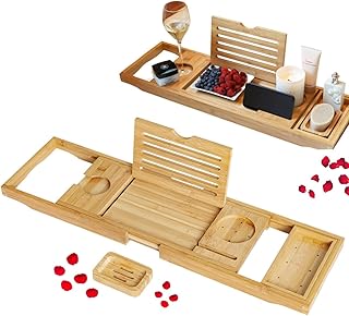 صينية حوض استحمام من الخيزران انلوكس قابلة للتوسيع للحمام الفاخر تتضمن منشفة قطنية وطبق صابون وفتحة زجاجية وحامل تابلت مستطيلي بيج بامبو