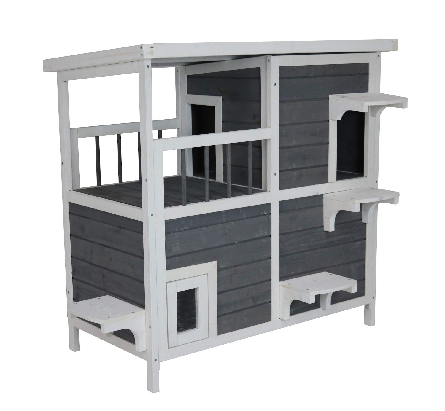 Katzenhaus 2 Etagen, Holz, grau-weiß, 87x45x90,5 cm