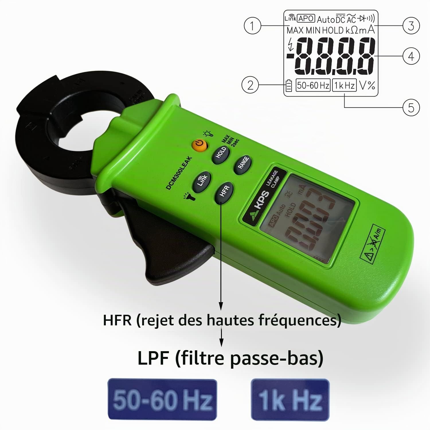 KPS-DCM300LEAK Pince Ampèremétrique de Courant de Fuite TRMS Courant AC 60A LPF Filtre Passe-Bas 50-60Hz et 1kHz Connexion Bluetooth 6000 counts HFR CAT. III