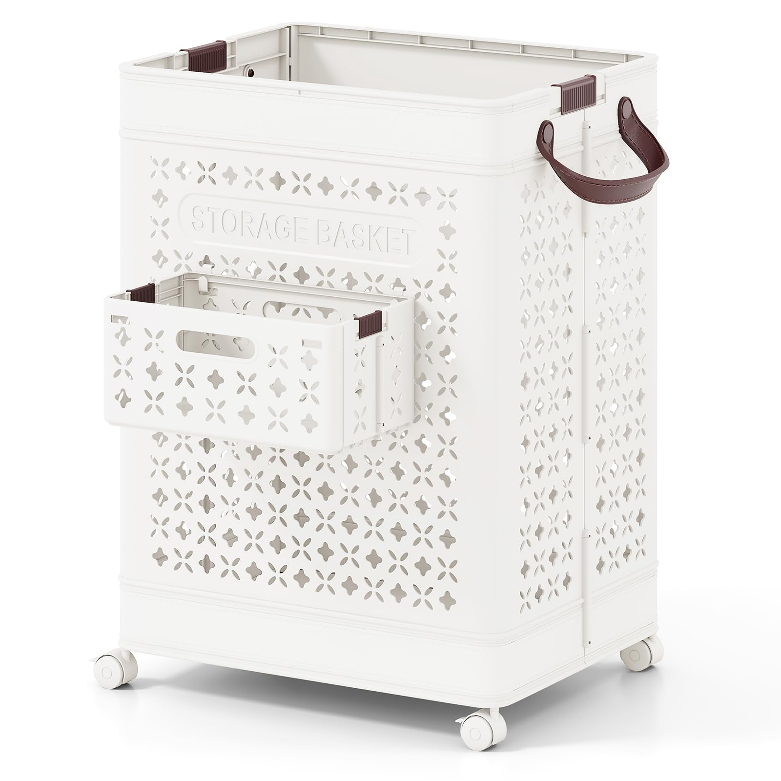 COSTWAY Cesta para Ropa Sucia Plegable 75 L, Cesto de La Colada, Cubo de Almacenamiento de Plástico con Asas y Estuche Pequeño Plegable, Cesto Popa Sucia con Ruedas, Blanco
