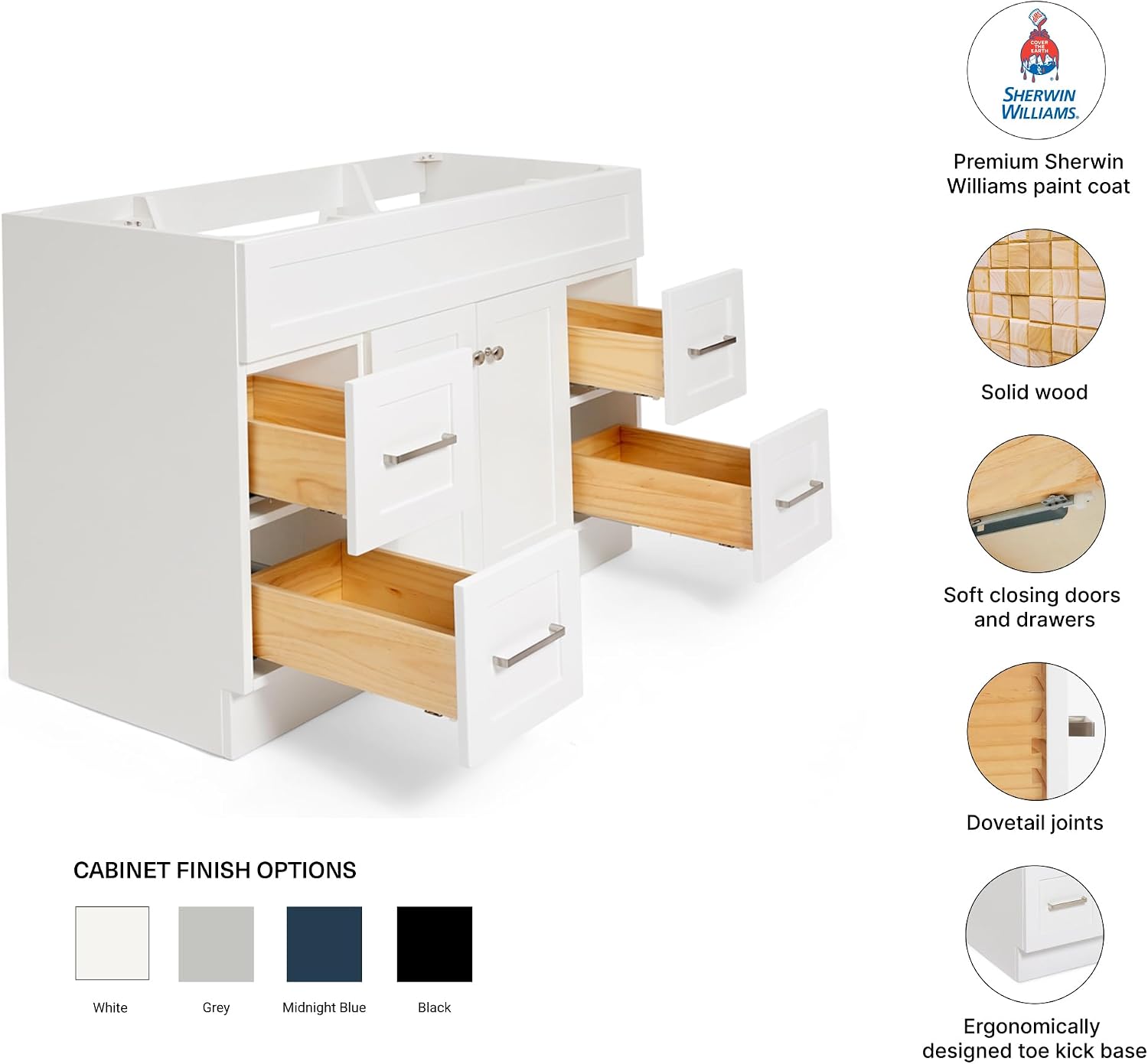 DKB Bradford 42-Inch White Bathroom Vanity Base Cabinet, Center Sink Configuration, Solid Wood Frame, Brushed Nickel Hardware, 2 Soft Closing Doors, 4 Dovetail Drawers, Built-in Toe Kick