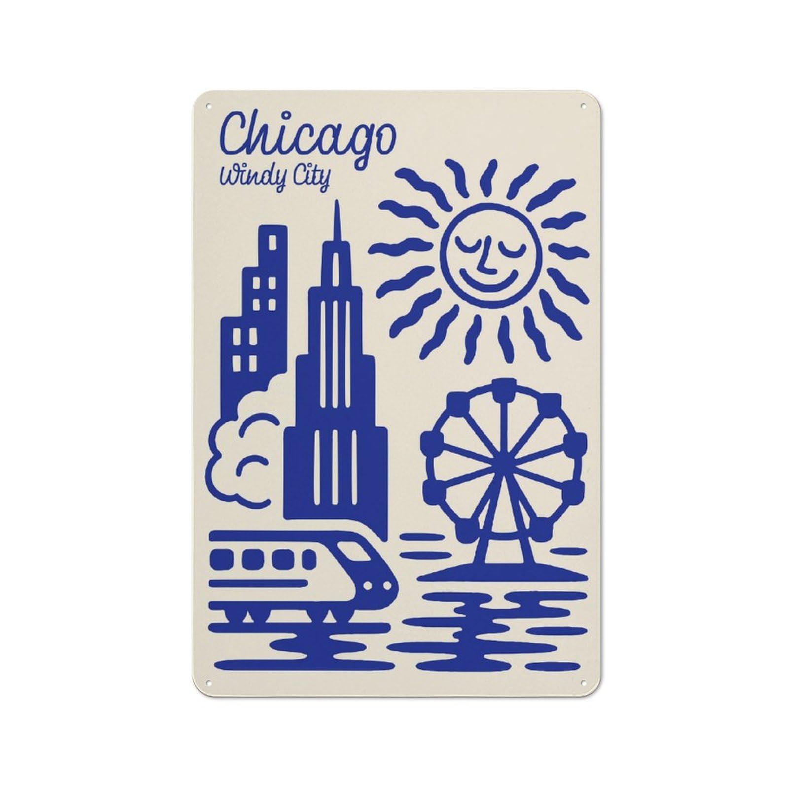 Junmoney Style-23 Tin Wall Plaque 30X20cm With Chicago Windy City Blue Illustration For Garage Wall, Suited To People Furnishing A Garage