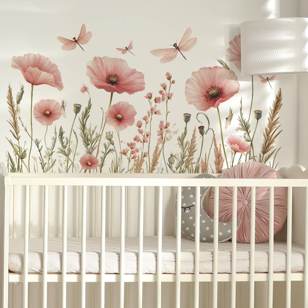 Runtoo Pink Flower Wall Decals Boho Poppy Garden Floral Wall Stickers for Girls Bedroom Nursery Living Room Decor - Image 3