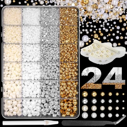 20000Pcs Gold Silver Flatback Nail Pearls for Crafts, Mixed Size 2-8mm Half Round Nails Beads Pearl for Nail Art, White Beige Pearl Gems for Crafts DIY Clothes Mugs Shoes with Pickup Tools