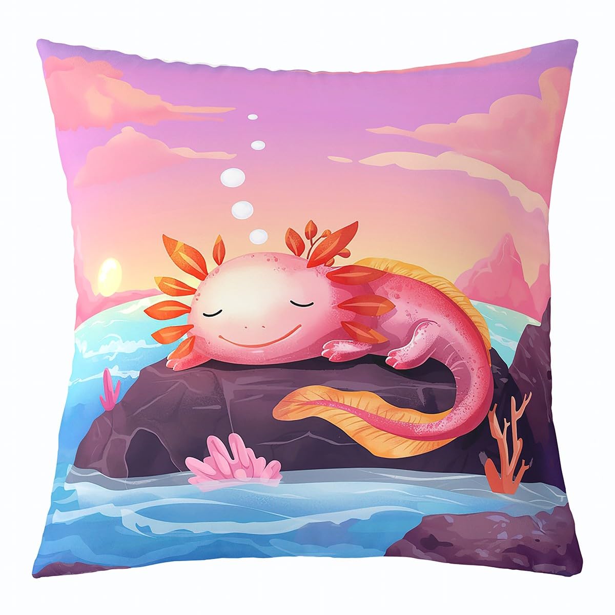 Homemissing Cute Axolotl Square Cushion Covers Set of 1 Set 45x45cm Cartoon Salamander Reversible Throw Pillow Covers for Kids Boys Decor Kawaii Ocean Sealife Pillow Covers Home Decor Pink Purple