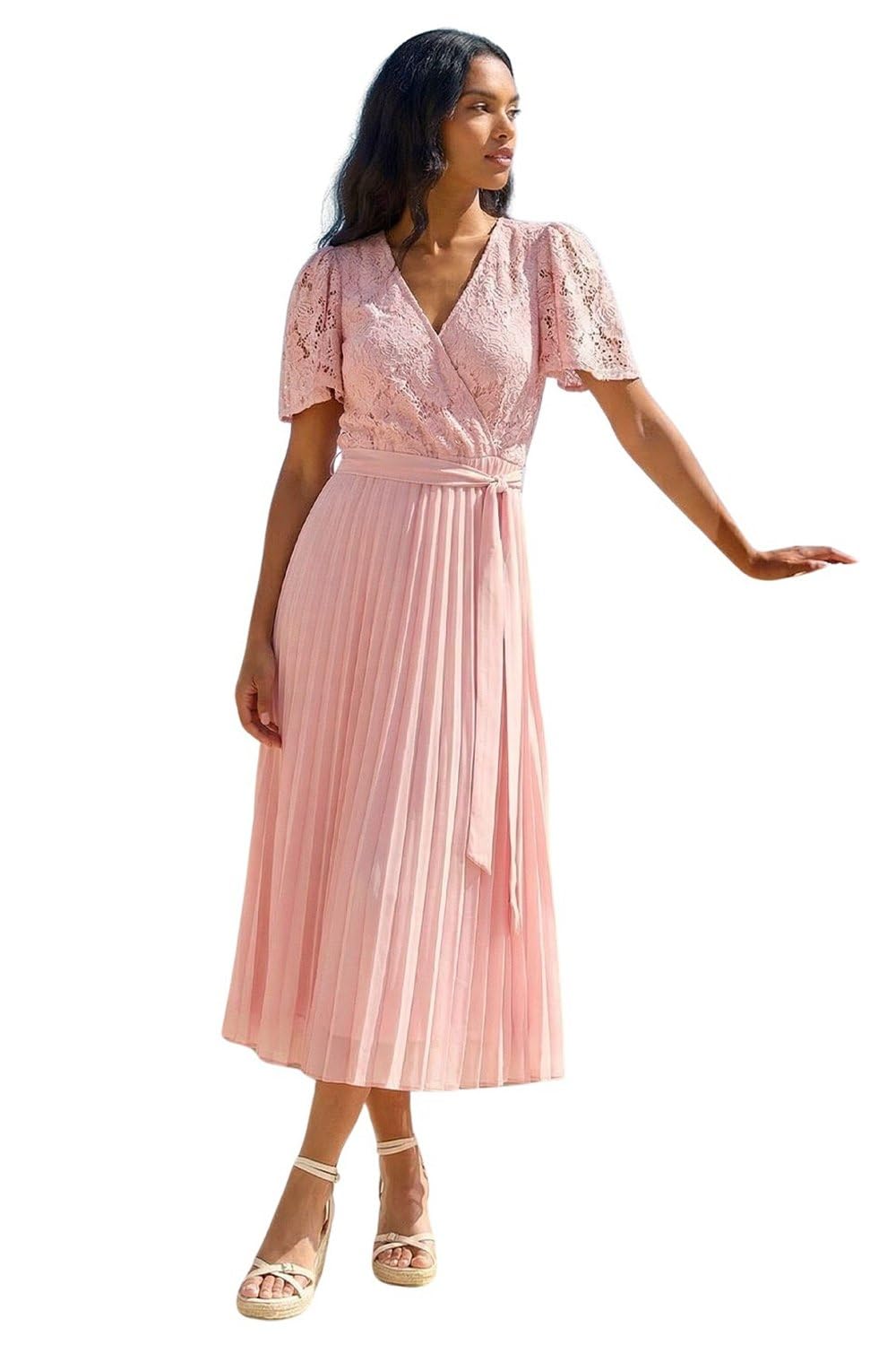 Roman Originals Women's Pink Lace Detail Wrap Midi Dress For Uk - Everyday Holiday Spring Summer V-Neckline Comfy Soft Evening Vacation Work Party - Size 12