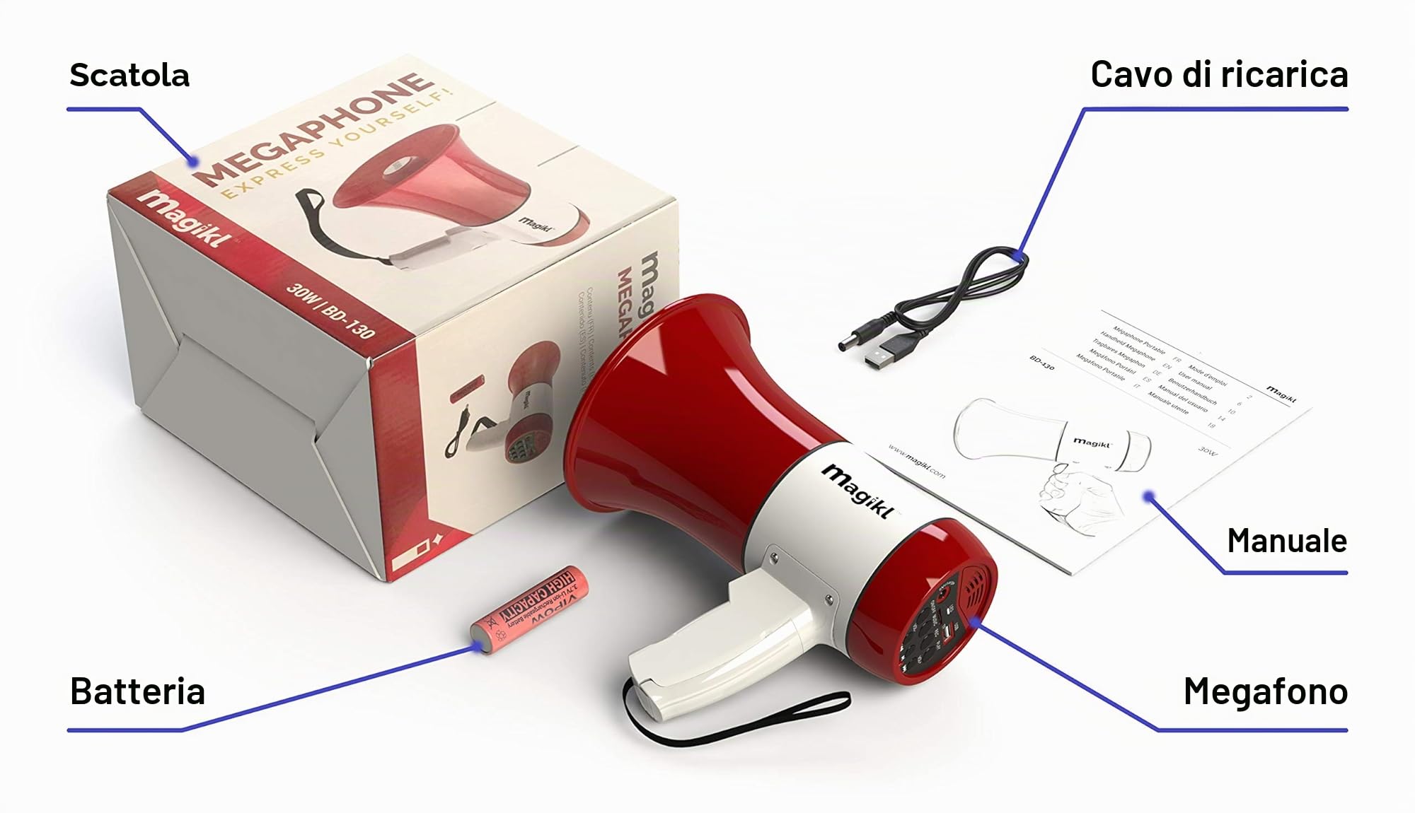Megafono Portatile Professionale - Altoparlante con Sirena, Lettore MP3, Registratore - Piccolo e Leggero - Mini Batteria Ricaricabile e Cavo Ricarica USB - Per Gruppi, Feste, Uso Professionale