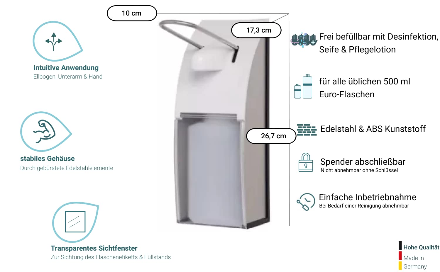 Dosatore dispenser, Distributore leva a braccio, Euro di dispenser, in acciaio inox spazzolato, Fix, 500 ML, Klein bianco-trasparente