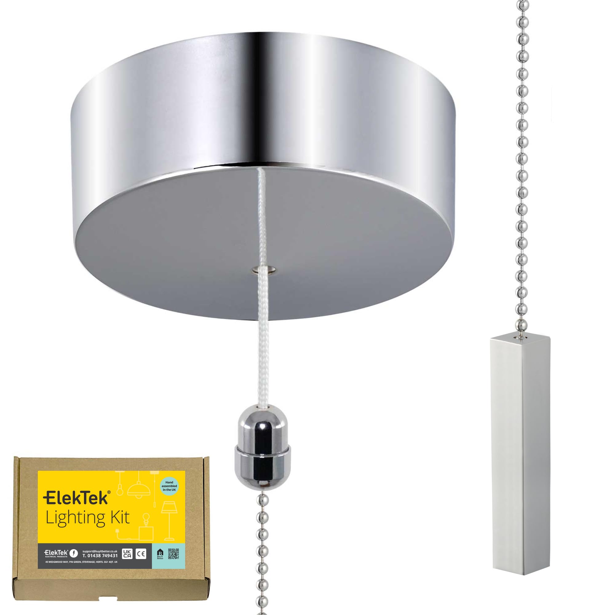 ElekTek UK Safety Approved Chrome Bathroom Light Pull Switch Kit, Chrome Square Bar Fob Handle & Extension Chain, EN 60669-1 & CE Mark, Earth Terminal, 6A 250V, 1 or 2 Way use Full Wiring Instructions [Energy Class A]