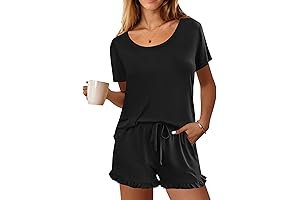 Womens Short Sleeve Lounge Set with Ruffle Shorts