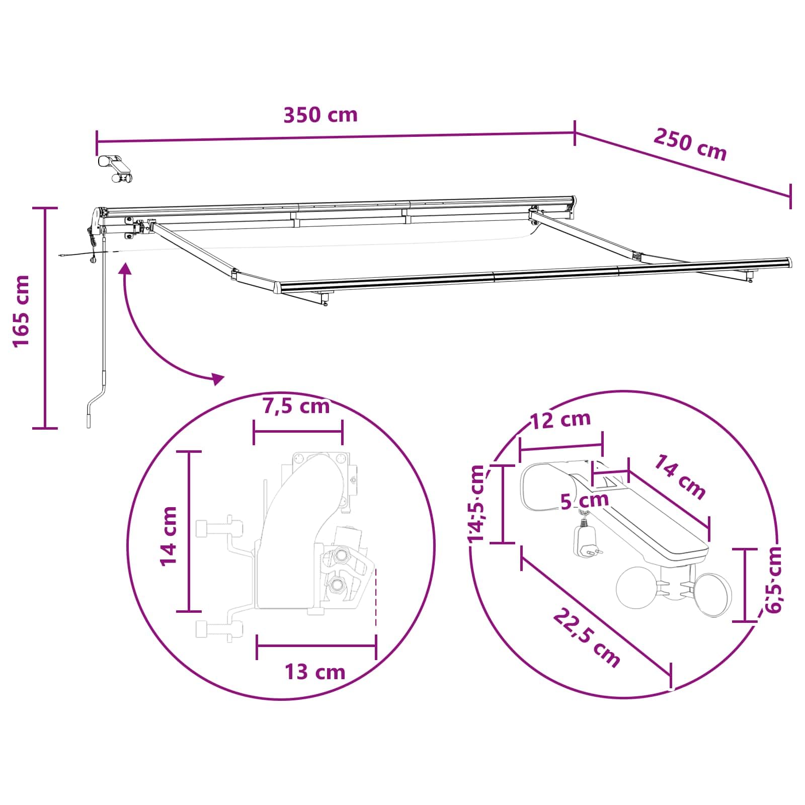 Toldo extensible arena 350 x 250 cm, poliéster, protección solar para balcón, terraza, jardín, resistente a la intemperie, protección UV, con mando a distancia, LED, sensor de luz de viento