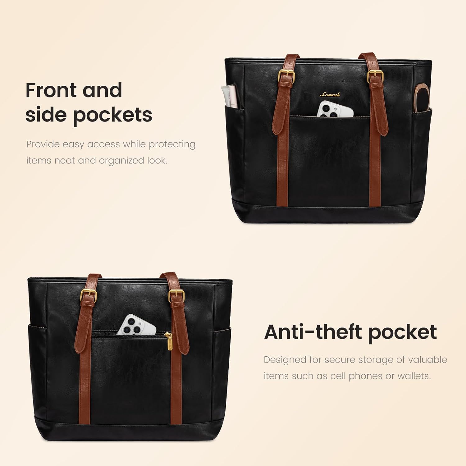 LOVEVOOK Laptop Tote Bag for Women,Vintage Leather Work Tote Bag for Women, 15.6 Inch Computer Briefcase Bag,Waterproof Teacher Business Office - Image 5