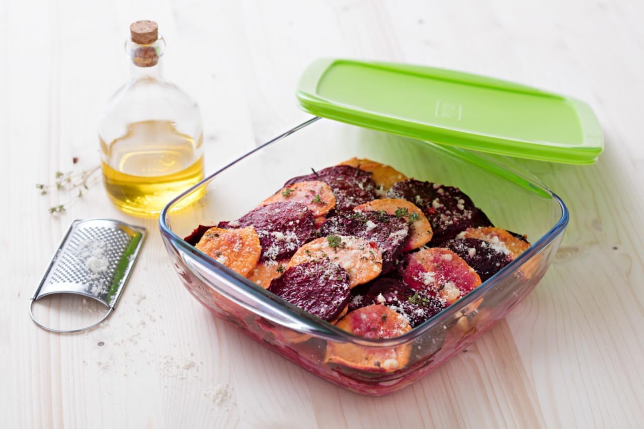 Pyrex - Recipiente quadrato per conservare gli alimenti, con coperchio, in vetro, 25 x 22 x 7 cm, Vetro Boro, 2,2L